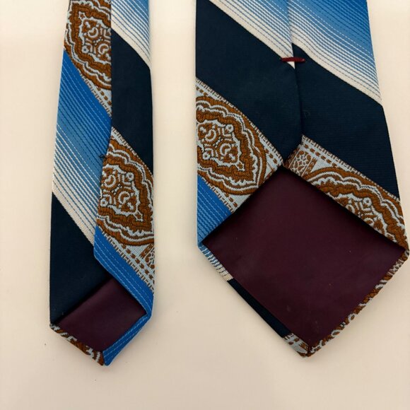 Vintage Polyester Tie Blue Rust Abstract Striped Mens Necktie Classic Office - Picture 3 of 6